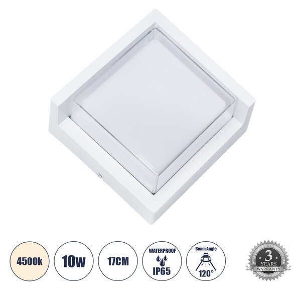 GLOBOSTAR® APEX 60772 Φωτιστικό Τοίχου - Απλίκα Εσωτερικού/Εξωτερικού Χώρου LED 10W 1050lm 120° AC175-265V Αδιάβροχο IP65 - Πλαστικό Σώμα - Φυσικό λευκό 4500K - Μ17 x Π17 x Υ9cm - Λευκό - Bridgelux Chip - 3 Χρόνια Εγγύηση