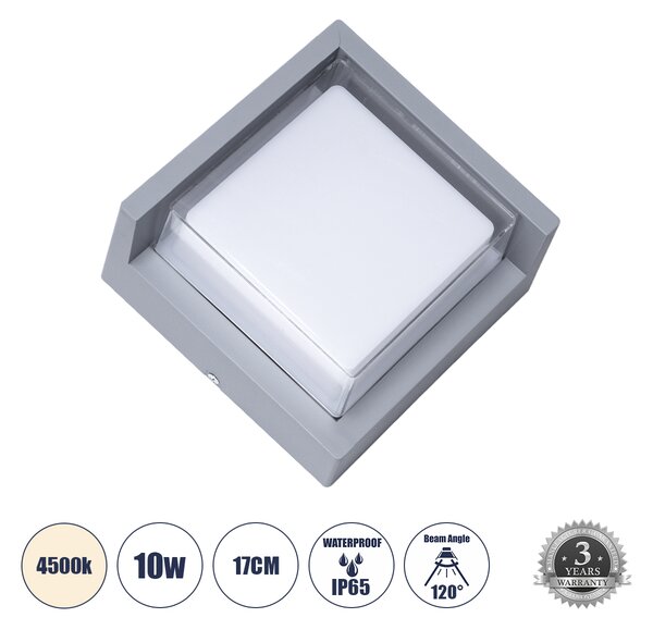 GLOBOSTAR® APEX 60771 Φωτιστικό Τοίχου - Απλίκα Εσωτερικού/Εξωτερικού Χώρου LED 10W 1050lm 120° AC175-265V Αδιάβροχο IP65 - Πλαστικό Σώμα - Φυσικό λευκό 4500K - Μ17 x Π17 x Υ9cm - Γκρι - Bridgelux Chip - 3 Χρόνια Εγγύηση