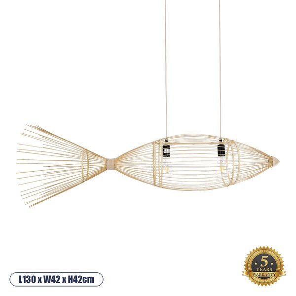 GloboStar® FISH 01927 Μοντέρνο Κρεμαστό Φωτιστικό Οροφής 2 x E27 AC 220-240V IP20 - Μ130 x Π42 x Υ42cm - Μπεζ Ξύλινο Πλέγμα