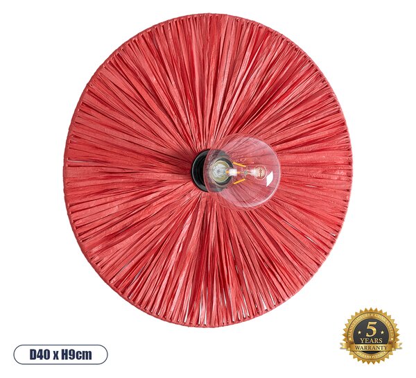 GloboStar® COLOMBO 02281 Boho Φωτιστικό Τοίχου - Απλίκα Μονόφωτο 1 x E27 AC 220-240V IP20 - Φ40 x Υ9cm - Κόκκινη Φυσική Ράφια Άχυρο Πλέγμα