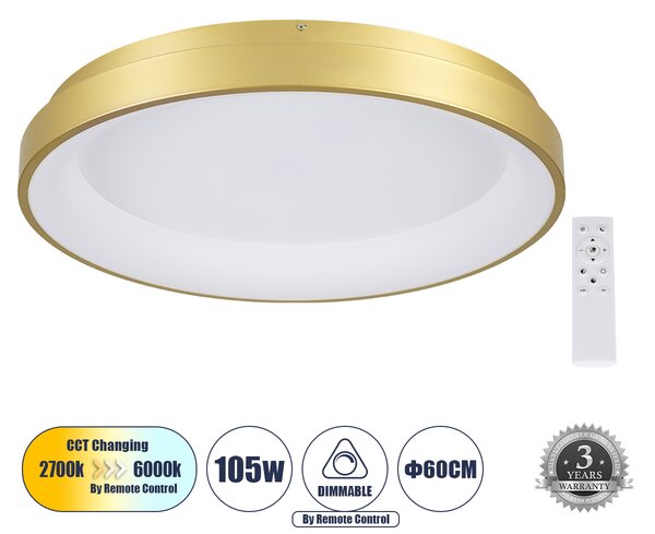 GloboStar® SALEM 61239 Πλαφονιέρα Οροφής Δαχτυλίδι-Κύκλος LED CCT 105W 12075lm 120° AC 220-240V - Εναλλαγή Φωτισμού μέσω Τηλεχειριστηρίου All In One Ψυχρό 6000k+Φυσικό 4500k+Θερμό 2700k Dimmable Φ60cm - Χρυσό Σαμπανιζέ - 3 Years Warranty