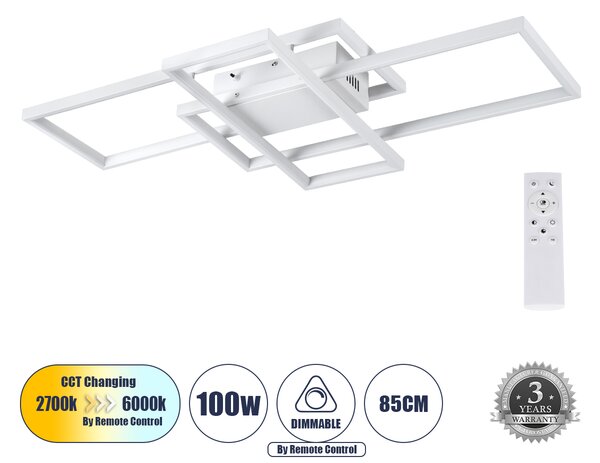 GloboStar® QUADRA 61386 Φωτιστικό Οροφής Design LED CCT 100W 12000lm 120° AC 220-240V - Εναλλαγή Φωτισμού μέσω Τηλεχειριστηρίου All In One Ψυχρό 6000k+Φυσικό 4500k+Θερμό 2700k Dimmable Μ85 x Π45 x Υ9cm - Λευκό - 3 Years Warranty