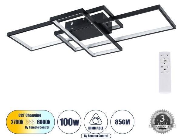 GloboStar® QUADRA 61385 Φωτιστικό Οροφής Design LED CCT 100W 12000lm 120° AC 220-240V - Εναλλαγή Φωτισμού μέσω Τηλεχειριστηρίου All In One Ψυχρό 6000k+Φυσικό 4500k+Θερμό 2700k Dimmable Μ85 x Π45 x Υ9cm - Μαύρο - 3 Years Warranty