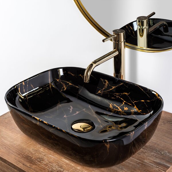 Γυαλιστερός πάγκος νιπτήρας Rea Belinda Black Marble Μ 46.5 x Π 33 x Υ13.5