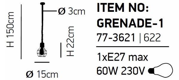 Φωτιστικό Οροφής Μονόφωτο Homelighting Grenade 77-3621 Rope/Black Matt
