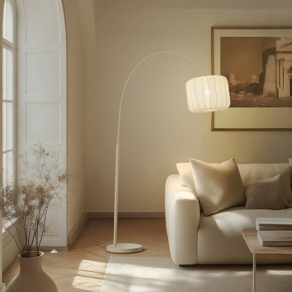 Lindby Φωτιστικό τόξου Helin, μπεζ, ύφασμα, ύψος 198,5 cm, Μπεζ, Σαλόνι / τραπεζαρία, Ύφασμα / Κλωστοϋφαντουργία, σύγχρονο