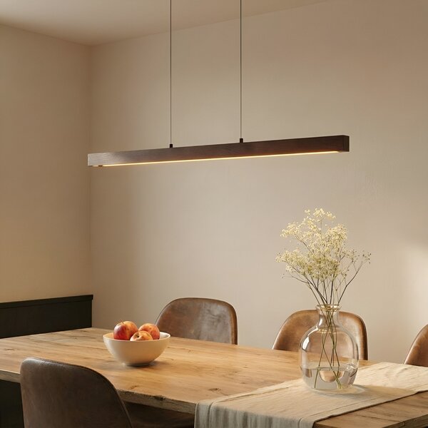 Lucande LED κρεμαστή λάμπα Nihalo, καρυδιά, 122 cm, ρυθμιζόμενη ένταση, ρυθμιζόμενος, Ξύλου, Σαλόνι / τραπεζαρία, Ξύλο, Εξοχική κατοικία / Ρουστίκ