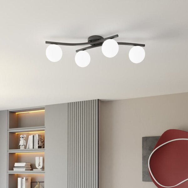 EMIBIG LIGHTING Φωτιστικό οροφής Opus, μήκος 85 cm, οπαλ, 84 4-φωτιστικό., ρυθμιζόμενος, Μαύρο, Σαλόνι / τραπεζαρία, Μέταλλο, σύγχρονο