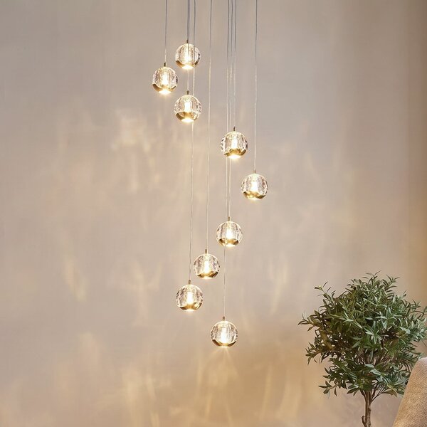 Lucande LED κρεμαστό φωτιστικό Hayley, Ø 40 cm, 9-φωτο, χρυσό, γυαλί, Χρυσό / Ορείχαλκου, Σαλόνι / τραπεζαρία, Γυαλί, σχεδιασμός