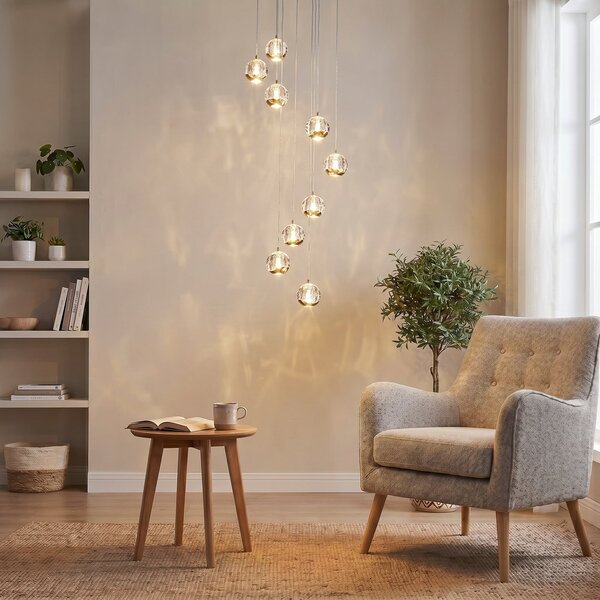 Lucande LED κρεμαστό φωτιστικό Hayley, Ø 40 cm, 9-φωτο, χρυσό, γυαλί, Χρυσό / Ορείχαλκου, Σαλόνι / τραπεζαρία, Γυαλί, σχεδιασμός